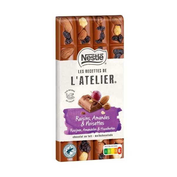 Nestlé Les Recettes de LAtelier - Tablette chocolat Lait Raisins, Amandes et Noisettes - 170g