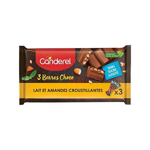 CANDEREL – Barres Choco - Chocolat au lait et amandes croustillantes - sans sucre ajouté | 3 X 27g