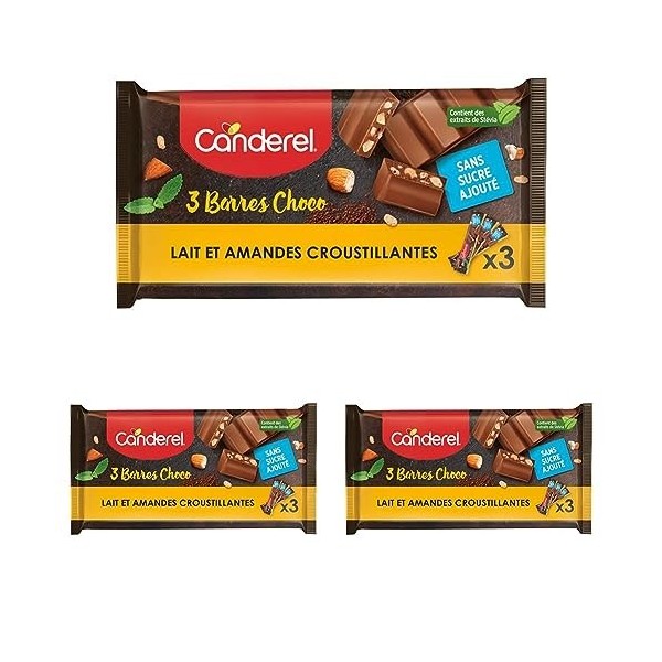 CANDEREL – Barres Choco - Chocolat au lait et amandes croustillantes - sans sucre ajouté | 3 X 27g