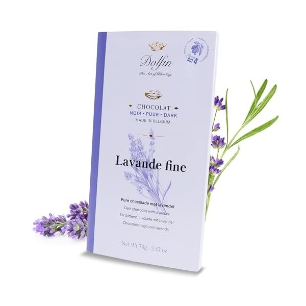 Dolfin Chocolat Noir & Lavande - Chocolat Tablette Riche & Crémeux, Vrai Morceaux de Lavande - Idée Cadeau Anniversaires, Fêt