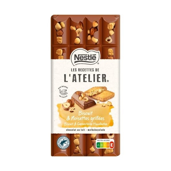 LES RECETTES DE LATELIER - Tablette Chocolat Lait Biscuit et Noisettes grillées - 170g