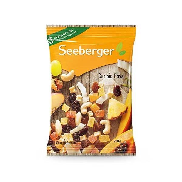 Seeberger Caribic Royal : Mélange sucré de papaye, ananas, mangue, raisins et cubes de pommes avec chips de coco croquantes, 