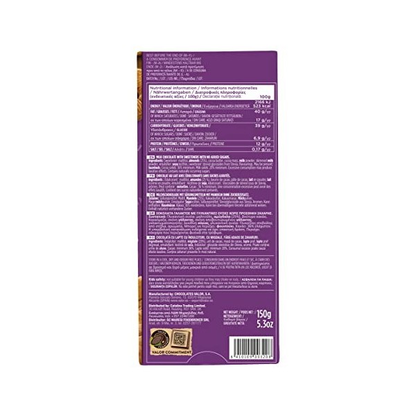 Chocolat au lait aux amandes entières sans sucre ajouté | Sans gluten | De la fève à la tablette | Édulcorant stévia | 150&nbsp;g 