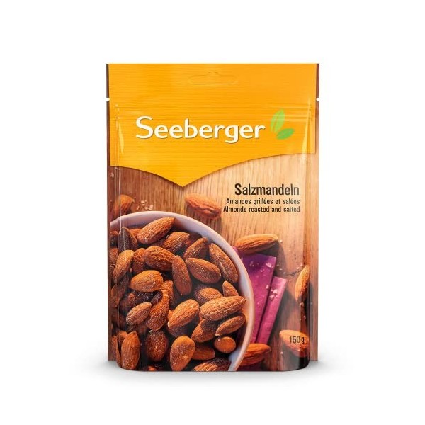 Seeberger Amandes grillées & salées : amandes croquantes enrobées de sel à grignoter - goût légèrement piquant - vegan, sans 