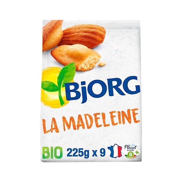 BJORG - La Madeleine Bio - Aux Oeufs Frais - Farine de Blé Semi-Complète - Sans Huile de Palme - Sachet de 9 Madeleines - 225