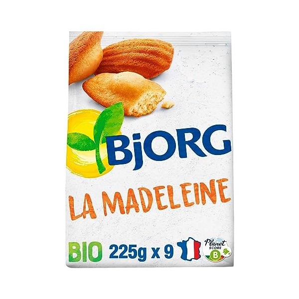 BJORG - La Madeleine Bio - Aux Oeufs Frais - Farine de Blé Semi-Complète - Sans Huile de Palme - Sachet de 9 Madeleines - 225