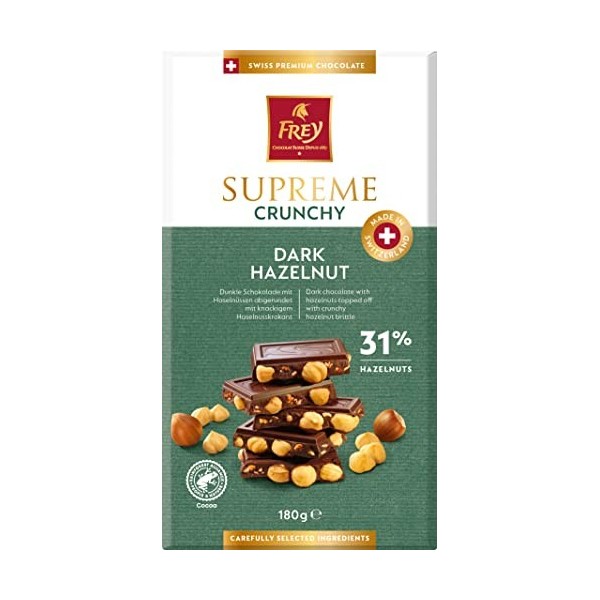 Frey Chocolat Suisse - Supreme Dark Crunchy Nut 180g - Cacao 31% minimum - Swiss Premium Chocolate - Certifié Rainforest Alli