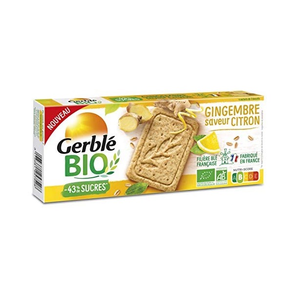 Gerblé Bio, Sablés bio saveurs citron et gingembre, Allégés en sucres, Sans huile de palme, 1 Paquet de 12 Biscuits, 132g & B