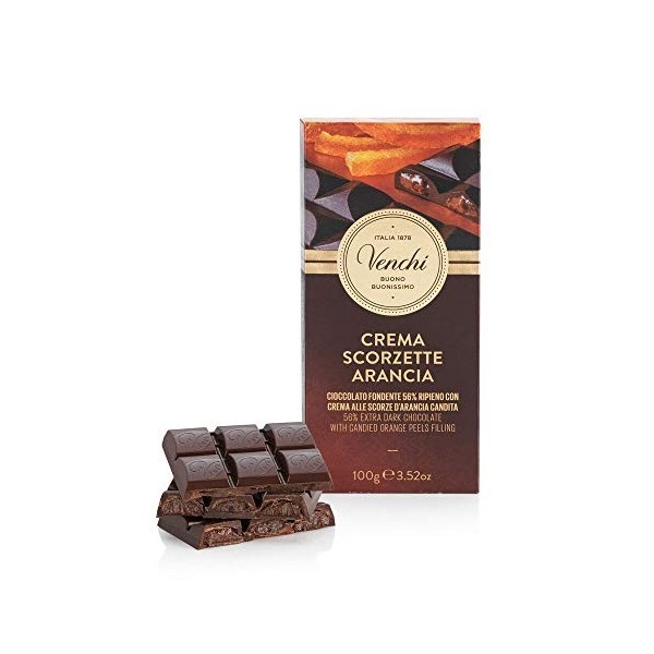 Venchi Tablette de chocolat noir 56% fourrée à lorange 100 g - Sans gluten