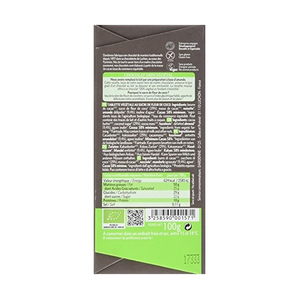 Dardenne Tablette Chocolat 100% Végétal au Sucre de Coco Bio 100 g