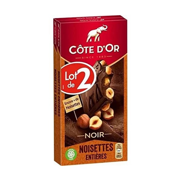 Côte dOr Chocolat noir, noisettes entieres - Le lot de 2 tablettes de 180g