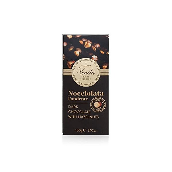 Venchi - Barre au Chocolat Noir et aux Noisettes Entières du Piémont, 100 g - Sans Gluten - Vegan