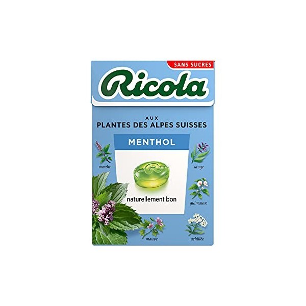 Ricola - Bonbons aux Plantes Suisses - Parfum Menthol - Bienfaisant et Extra Frais - Sans Sucres - Boîte de 50g