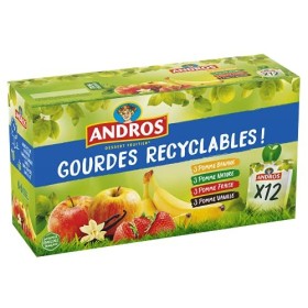 ANDROS - Compote de Fruit - Gourde Recyclable - Allégé - Goût Pomme + Pomme/Vanille + Pomme/Fraise + Pomme/Banane - Idéal pou