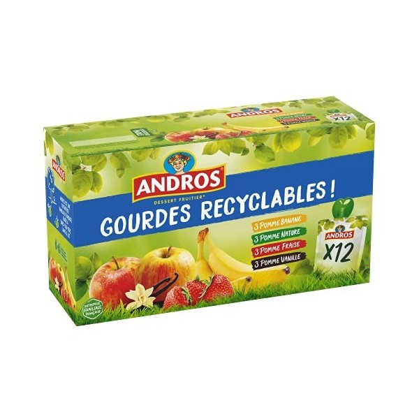 ANDROS - Compote de Fruit - Gourde Recyclable - Allégé - Goût Pomme + Pomme/Vanille + Pomme/Fraise + Pomme/Banane - Idéal pou