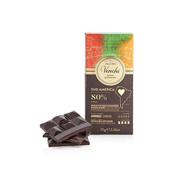 Venchi Tablette Amérique du Sud 80 %, 70 g - Chocolat Noir 80 % au goût aromatique - Végétalien - Sans gluten