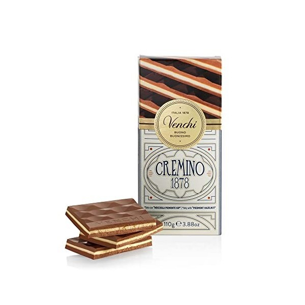 Venchi Tablette Cremino 1878, 110 g - Chocolat au lait et aux noisettes Gianduja et chocolat blanc à la pâte damande - Sans 