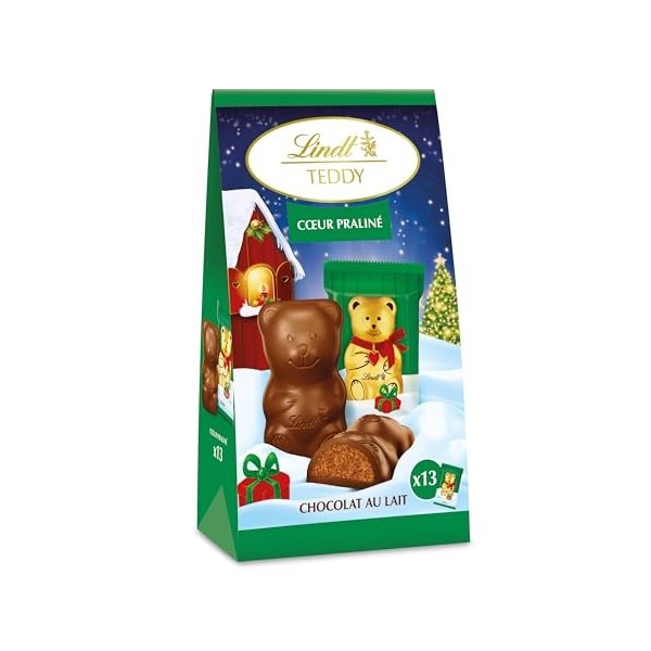 Lindt - Sachet de mini-moulages individuels fourrés TEDDY - Chocolat au Lait et cœur praliné - Idéal pour Noël, 137 g