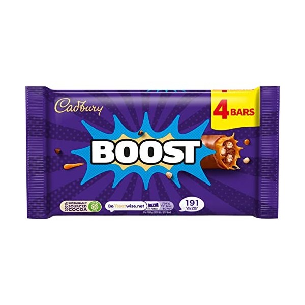 Cadbury Boost Original Lot de 4 barres de chocolat remplies de biscuits et de cacao avec caramel à mâcher et chocolat au lait