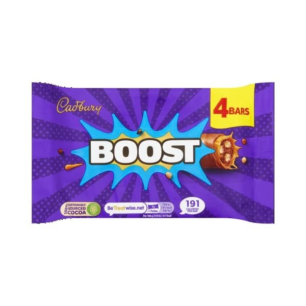 Cadbury Boost Original Lot de 4 barres de chocolat remplies de biscuits et de cacao avec caramel à mâcher et chocolat au lait