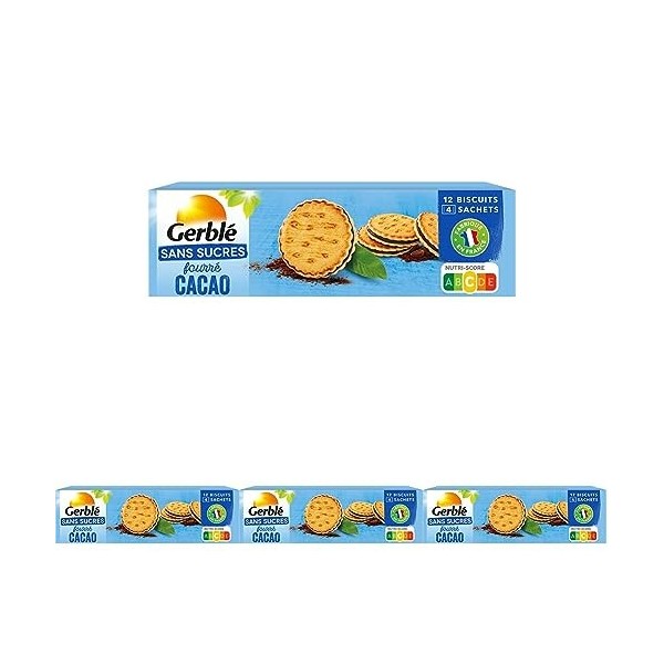 Gerblé Fourrés Cacao Sans Sucres, Sans huile de palme, 12 biscuits, 185 g, 199660 Lot de 4 