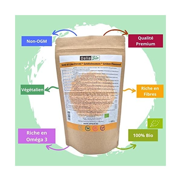 Dalia Bio - Graines dor BIOLOGIQUES 500g | graines de lin en or, naturelles et purement végétales