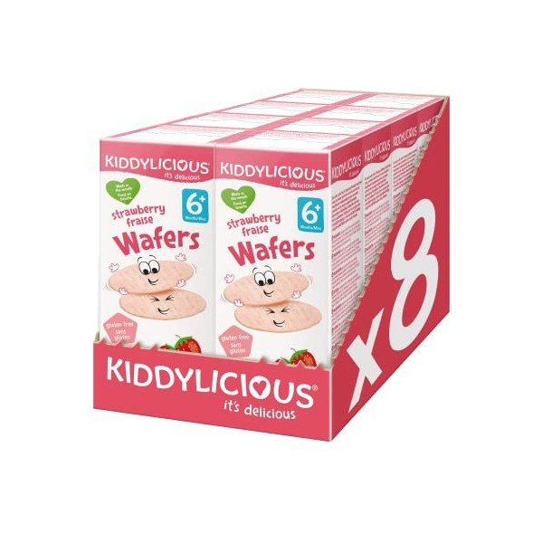 Kiddylicious Wafers Fraise I Dès 6 Mois I Sans Gluten & Sans Lait I 8 Packs de 16g 4 Sachets de 4g | 128g