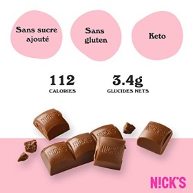 NICKS Barre Keto Chocolat Au Lait Sans Sucre Ajouté, Sans Gluten, Sans Huile De Palme, Low carb |112 kcal 3,4g Net carbs | 15