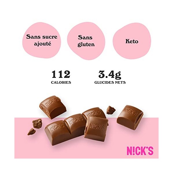 NICKS Barre Keto Chocolat Au Lait Sans Sucre Ajouté, Sans Gluten, Sans Huile De Palme, Low carb |112 kcal 3,4g Net carbs | 15