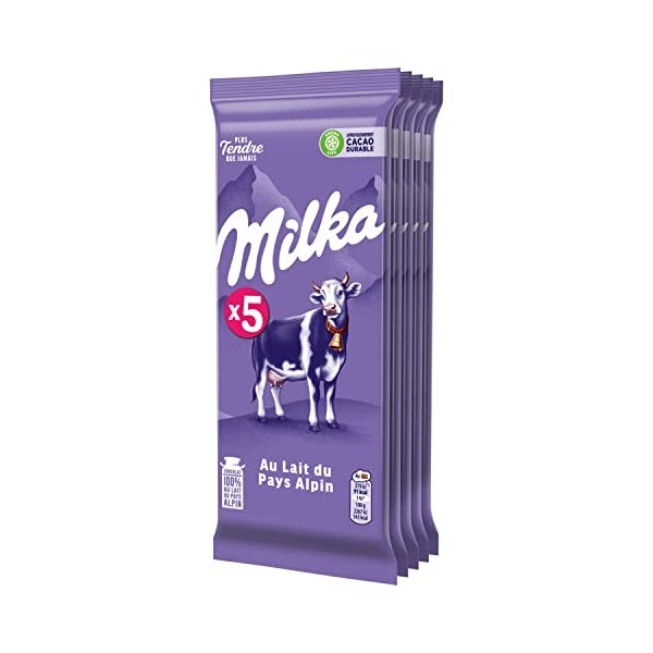 Milka - Tablette Chocolat au Lait - Idéale à Partager au Goûter - 5 Tablettes 100 g 