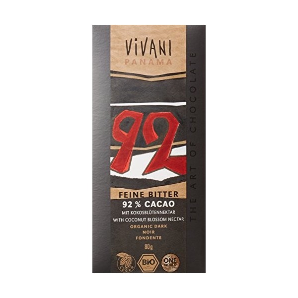 Vivani Chocolat Noir 92% Cacao Panama Bio 80 g - Lot de 5