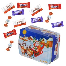 Boite coffre bleue garnie dun assortiment de 40 mini-chocolats Daim, Kinder Schokobons, Mini Bueno et Milka - Idéal pour Noë