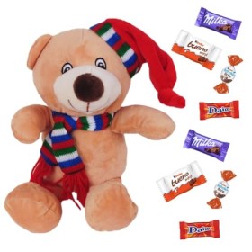 Peluche Ourson de Noël et son sachet de 20 chocolats Milka, Kinder Schokobons et Mini Bueno, Daim Ourson 