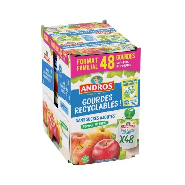 ANDROS - Compote de Fruit - Gourde Recyclable - Sans Sucre Ajouté - Goût Pomme - Idéal pour le Goûter des Enfants - Lot de 48