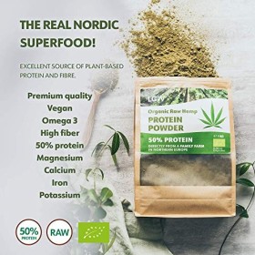 Poudre de protéines de chanvre bio cru de LOOV, 1kg, 50 % de protéines, Nutriments préservés, Délicieuse saveur noisette, Cul