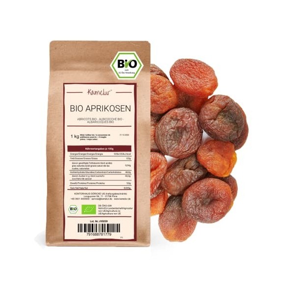 Kamelur abricots secs BIO sans additifs, non sulfurés et non sucrés, fruits tendres 1 kg Lot de 1 