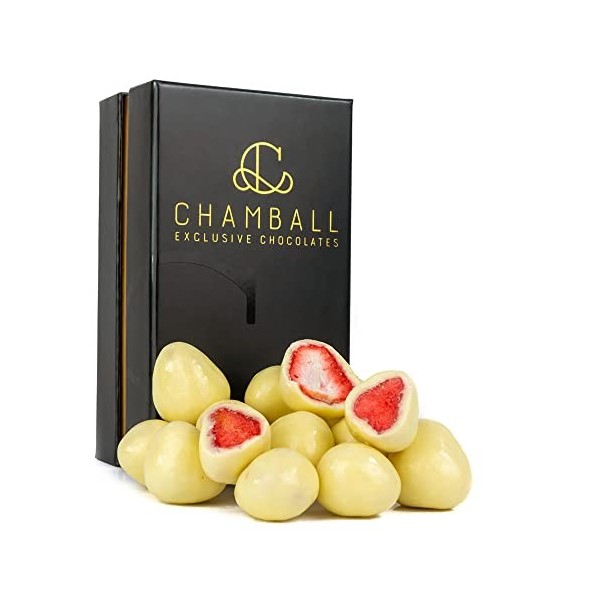 Chamball Fraises · Boîte de fraises enrobées de chocolat blanc belge artisanal · Bouchée exclusive aux fraises · Parfait à sa