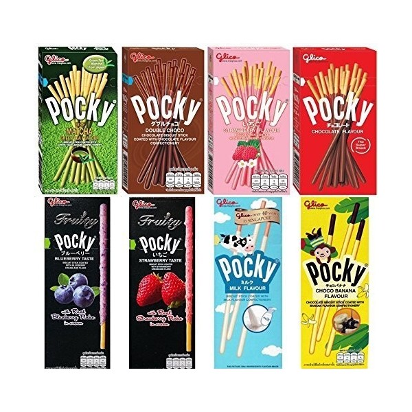 8 Flavours of Pocky - Pocky Matcha, Double Chocolate, Strawberry, Chocolate, Fruity Blueberry, Fruity Strawberry, Milky and C