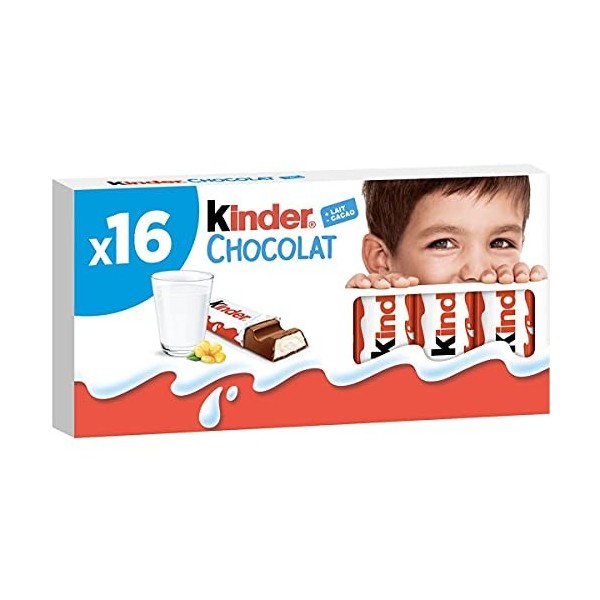 KINDER Chocolat - Barres chocolatées fourrées au lait paquet de 16 barres 200g - Lot de 3 paquets.