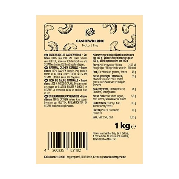 KoRo - Noix de cajou 1 kg - Noix de cajou entières, naturelles, sans additifs, non salées, dans un emballage économique