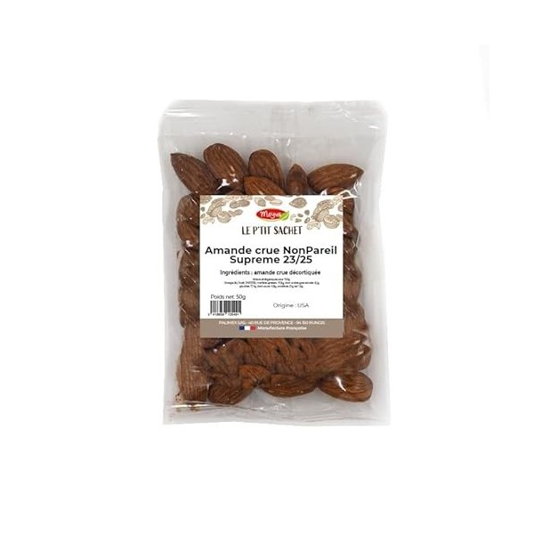 Le Ptit sachet MEYVA - Amande Crue décortiquée NonPareil EXTRA Calibre 23/25 - fruit sec en apéritif ou pâtisserie - 20X50g