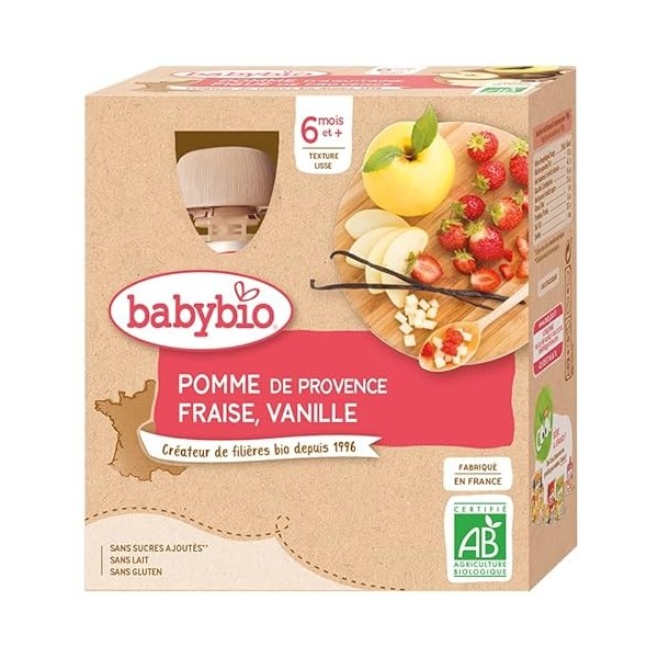 Babybio Gourde Pomme de Provence Fraise Vanille - BIO - 4 x 90g - Lot de 6