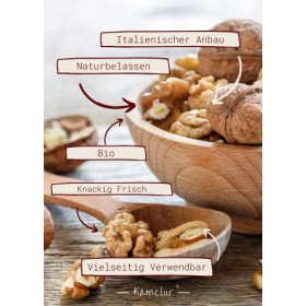 Kamelur noix entières biologiques sans coque, cerneaux de non traités dItalie, moitiés de brutes et naturelles de la région 