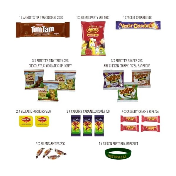 Best of Australia Boîte à chocolat et goûter – Les collations australiennes les plus populaires – Tim Tam, Allens Party Mix,
