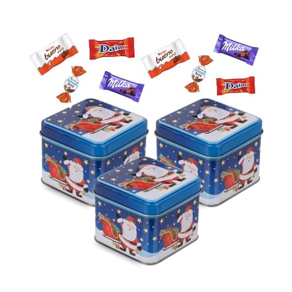 3 petites boites carrées de Noël garnies de 20 chocolats Milka, Kinder Schokobons et Mini Bueno, Daim