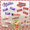 3 petites boites carrées de Noël garnies de 20 chocolats Milka, Kinder Schokobons et Mini Bueno, Daim