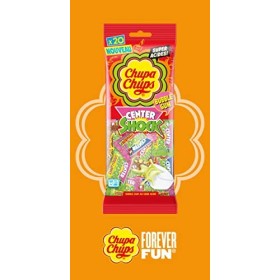 Chupa Chups–15 sachets Center shock 80g–Bubble gum au cœur acide–pour tous les gourmands-Goûts Fraise et Cola-Idéal pour Fête