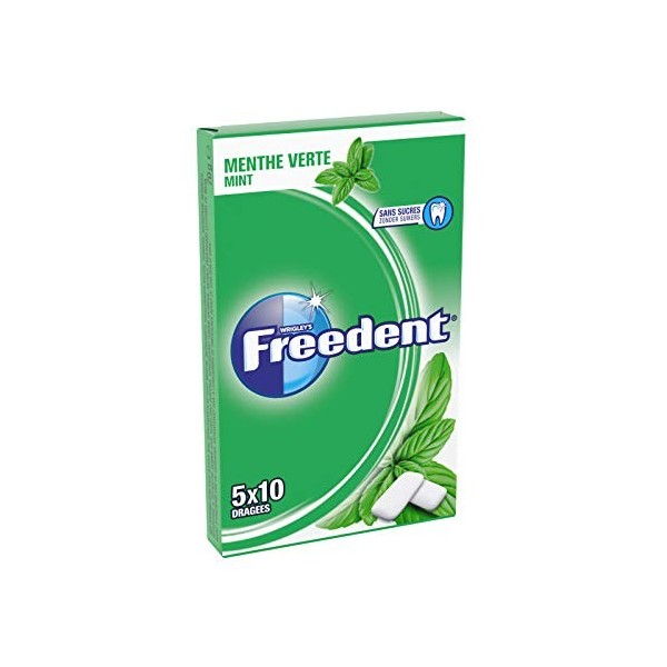 FREEDENT - Menthe verte - 5 Paquets de 10 dragées de Chewing-Gum sans sucres Lot de 10 