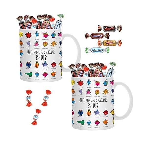 2 Mugs magiques Monsieur Madame garnis de mini chocolats Mars, Snickers, bounty, Twix et Kinder Schokobons