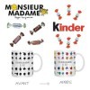 2 Mugs magiques Monsieur Madame garnis de mini chocolats Mars, Snickers, bounty, Twix et Kinder Schokobons